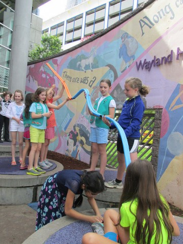 Group Visit at ImaginOn girls playing with ramps